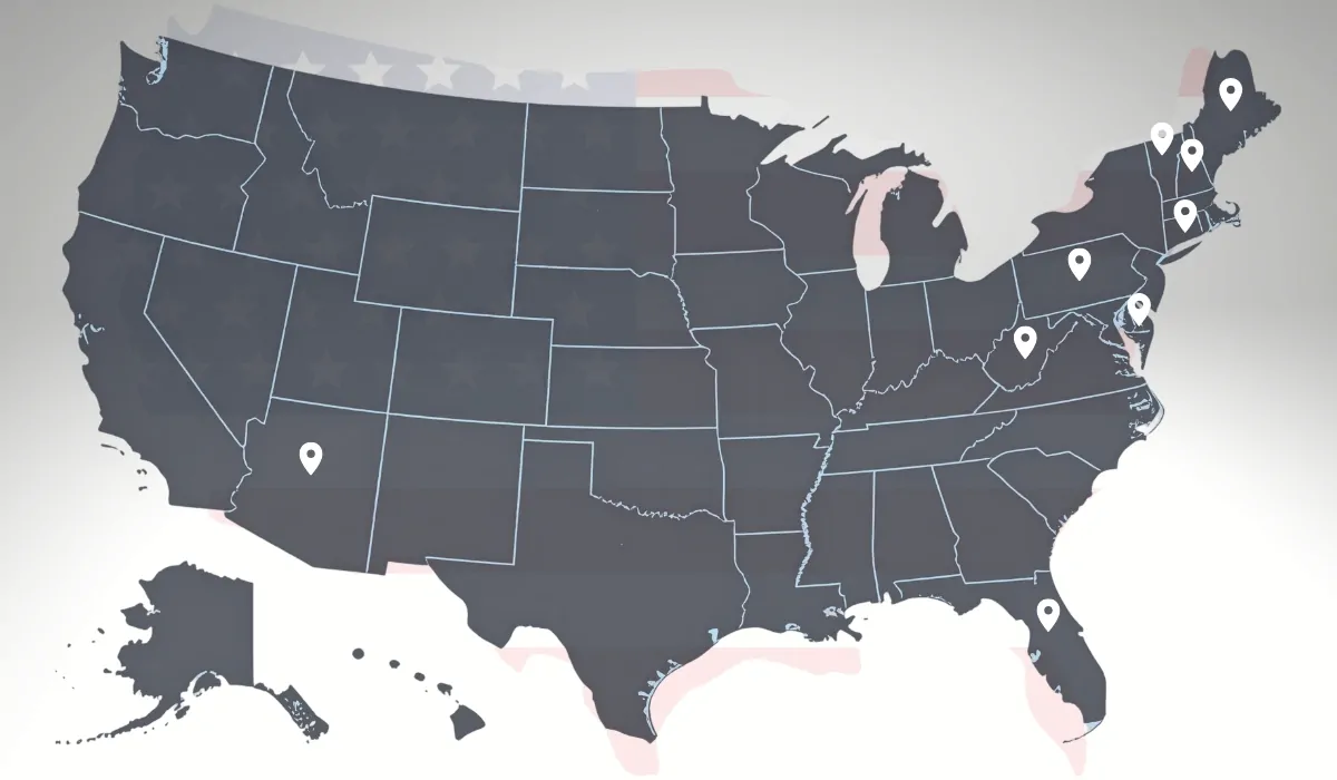 Map of the United States highlighting states with older populations marked by location pins