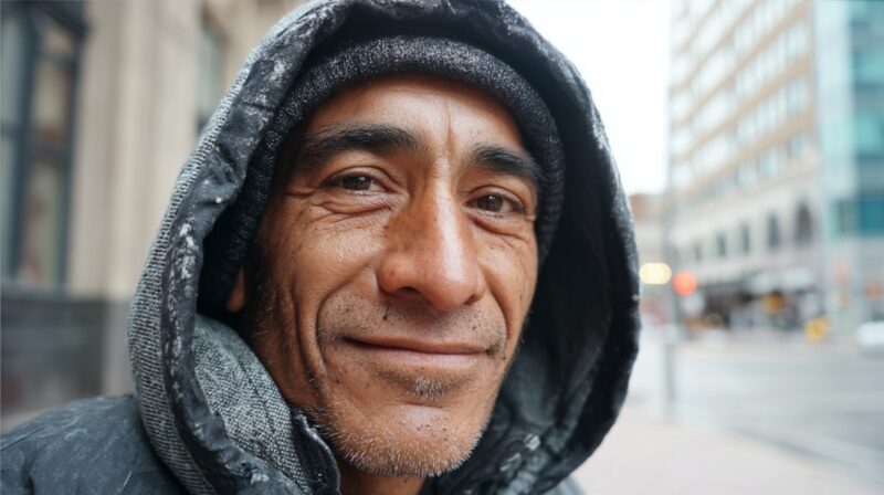 Close-up of a man in a hoodie standing on an urban street
