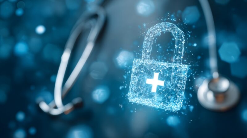 Digital lock with a medical cross symbol and a stethoscope in the background representing healthcare security