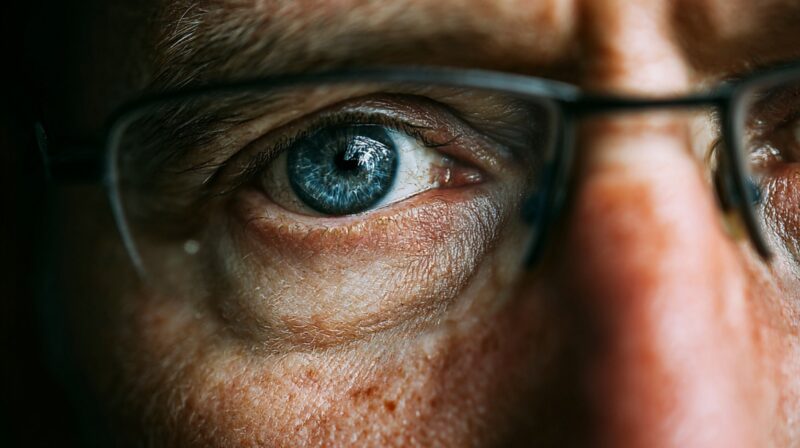 Extreme close-up of a person’s eye behind glasses showing detailed iris and skin texture