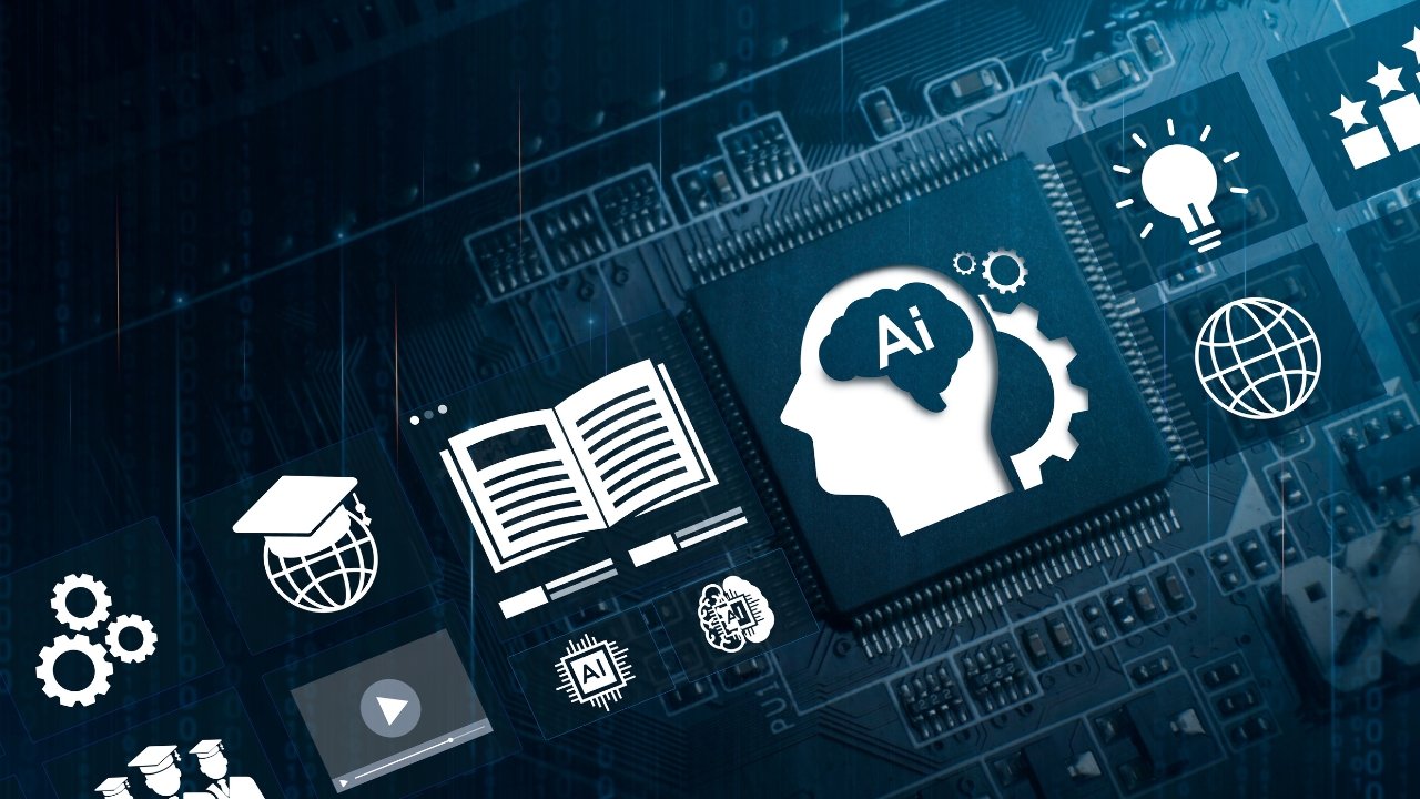 AI education graphic shows personalized learning, digital lessons, and classroom technology tools