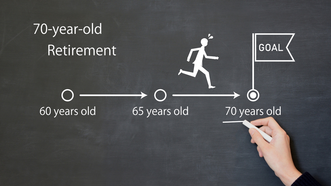 Chalkboard timeline shows retirement age moving toward 70 years old