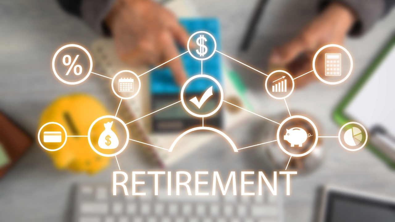 Retirement planning graphic with money icons over a desk with savings tools