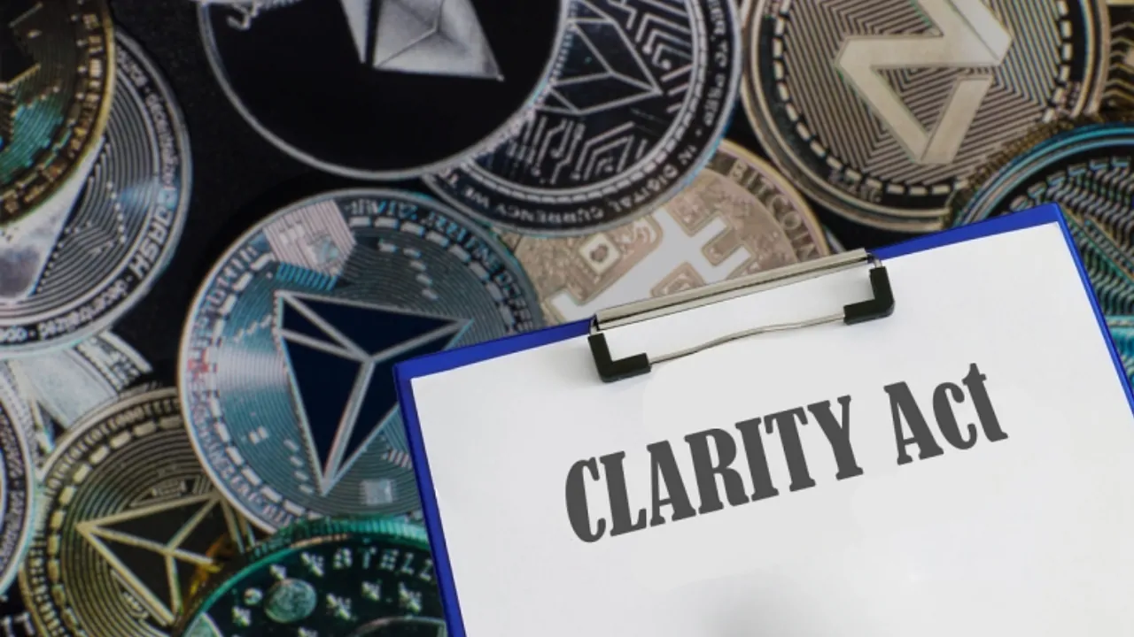 CLARITY Act document on a clipboard with cryptocurrency coins in the background