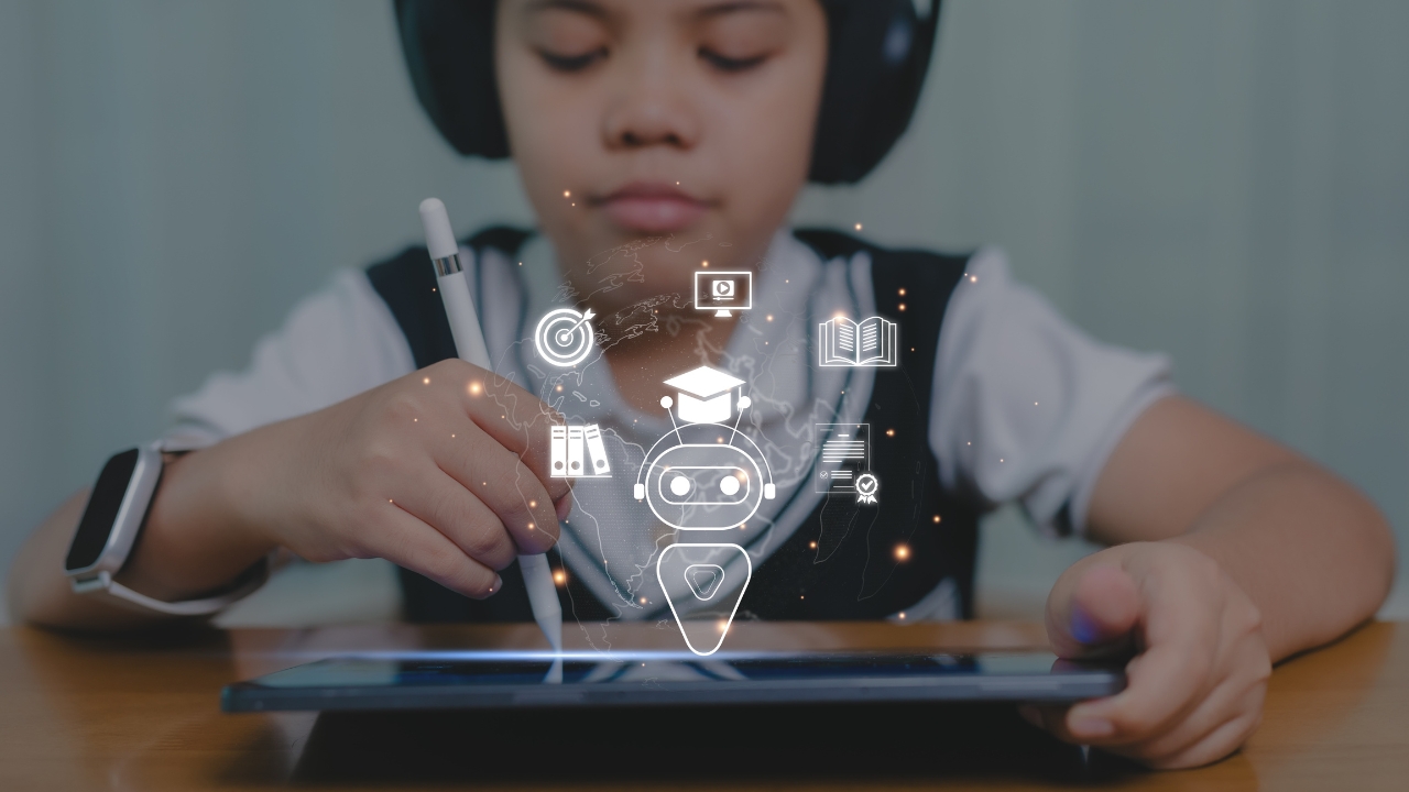A student uses a tablet with AI learning icons during a digital school lesson