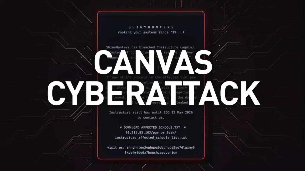Canvas cyberattack graphic shows a dark warning screen tied to the reported school data breach