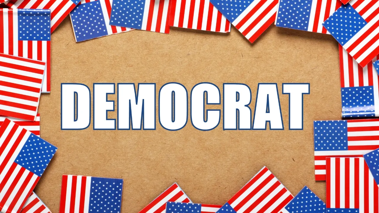 Democrat text surrounded by small American flags on a brown paper background