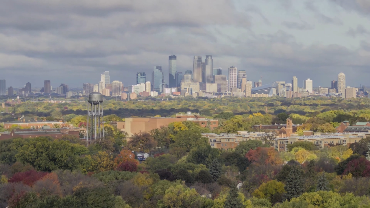 Minneapolis skyline seen beyond trees under a cloudy sky