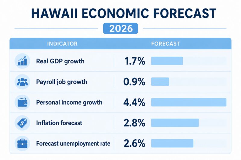 Light blue chart show Hawaii economic forecast figures for 2026