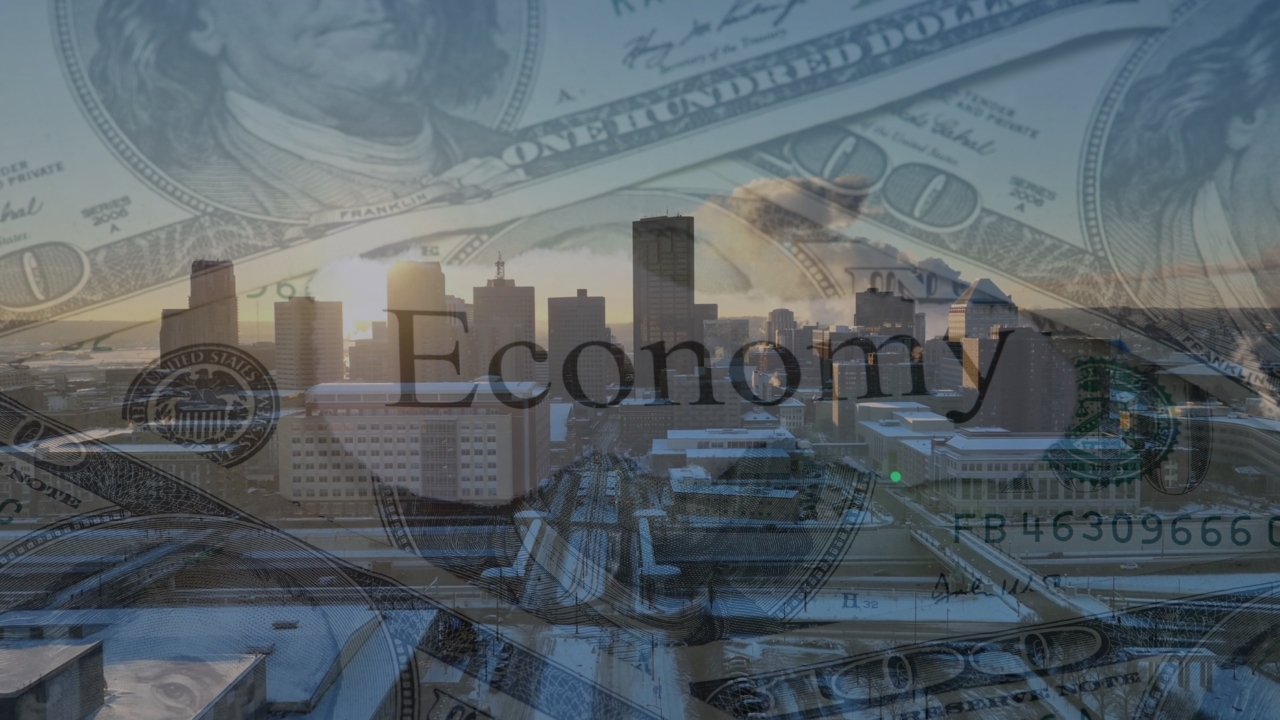 Minnesota city skyline layered with dollar bills and economy text