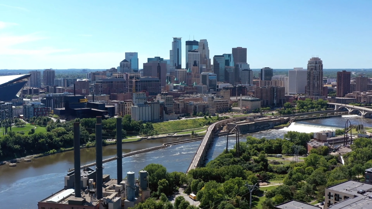 Minneapolis skyline and riverfront on a clear day