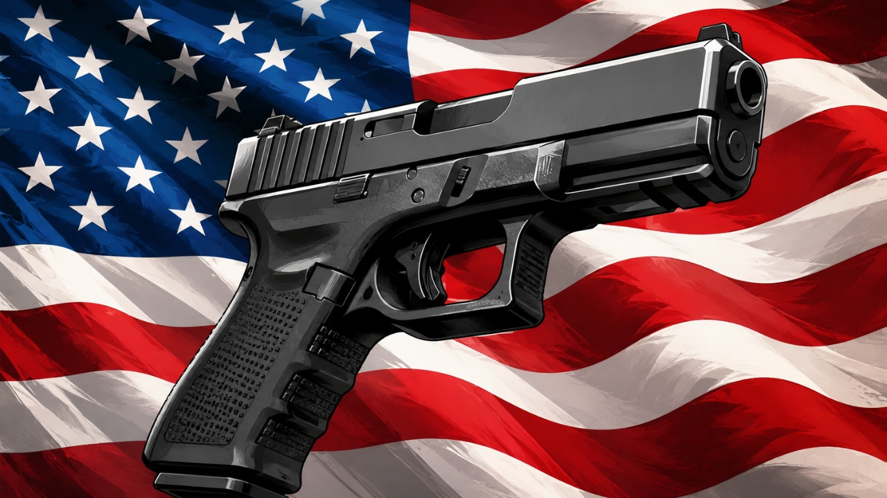 Animated pistol over a US flag for an article about gun purchase age rules in the US