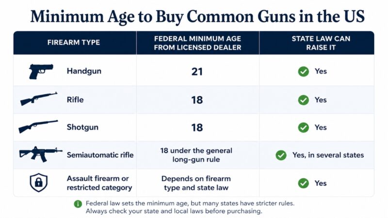 Chart showin minimum legal ages to buy common firearms in the US