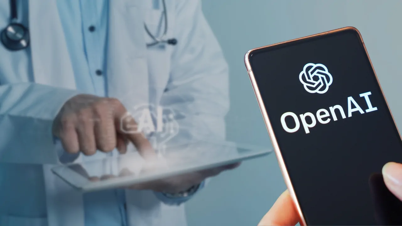 Doctor using a tablet beside an OpenAI healthcare AI display on a smartphone