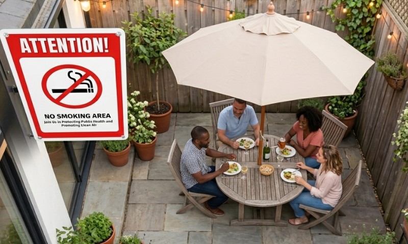 Four people dine at an outdoor table under a beige umbrella, surrounded by plants and string lights. A "No Smoking" sign is visible