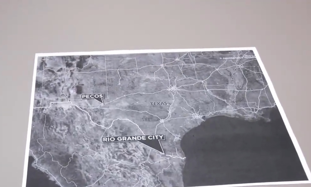 Map showing Pecos and Rio Grande City in Texas for a report on the plant explosion trial