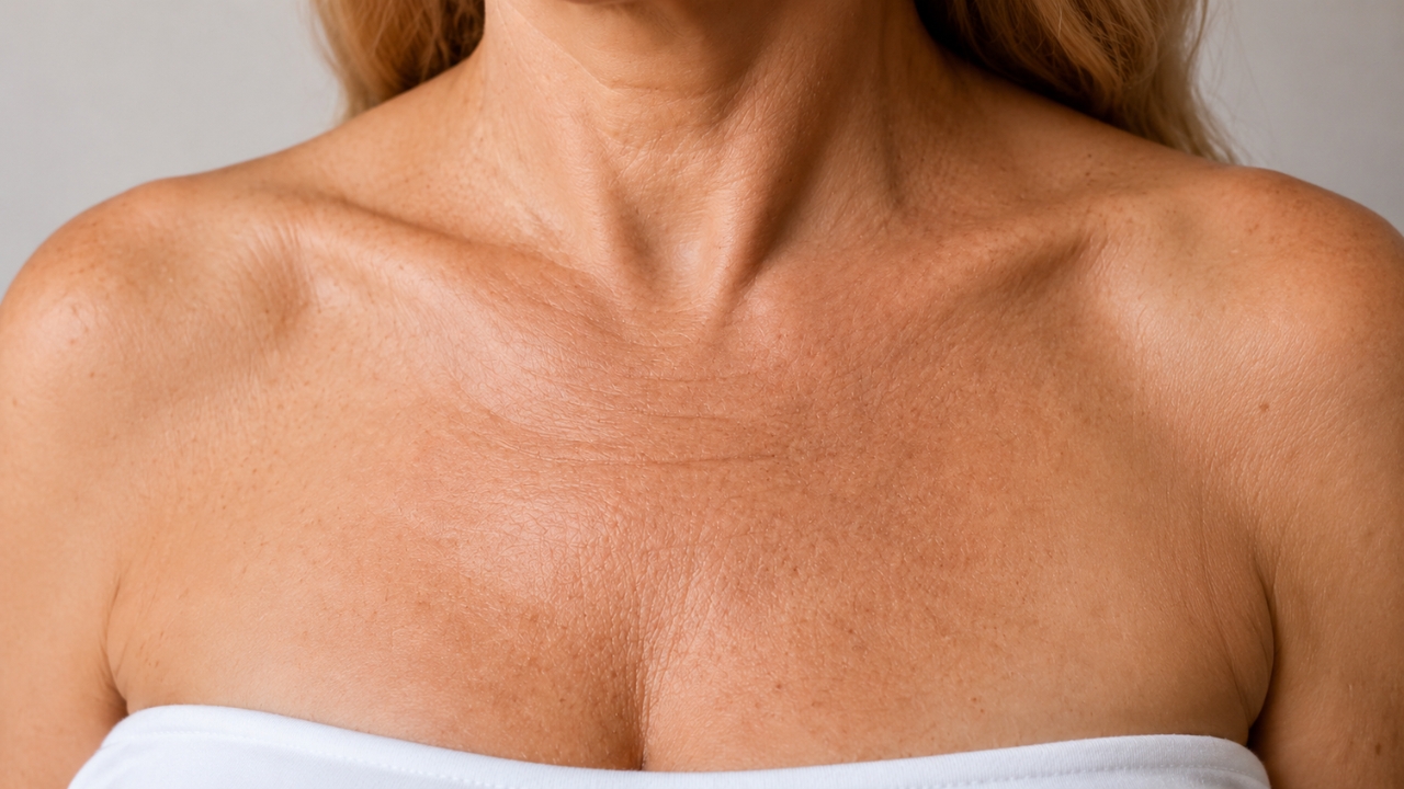 Close-up of upper chest wrinkles on a woman before treatment