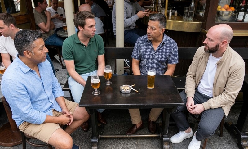 Four men sit around a pub table outdoors, each with a drink