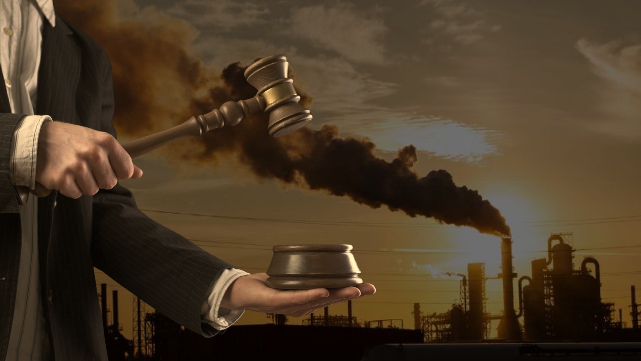 Judge’s gavel shown over an industrial plant after a deadly Pecos explosion case.