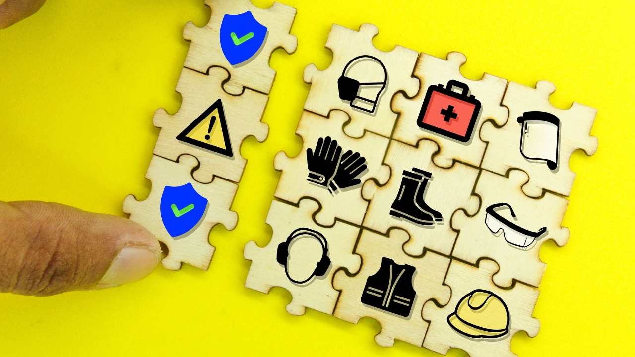 Puzzle pieces with safety equipment icons used to show workplace safety planning.