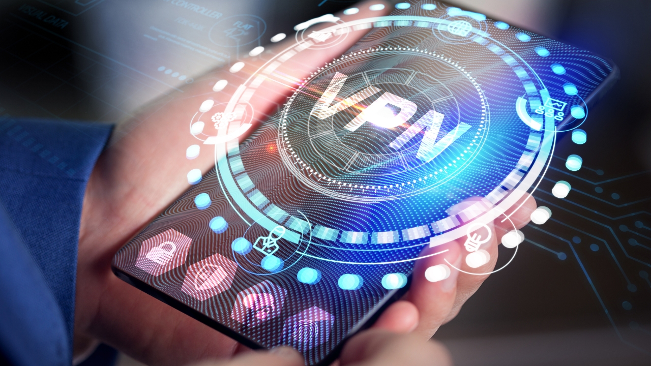 A smartphone screen shows VPN security icons and a digital privacy interface