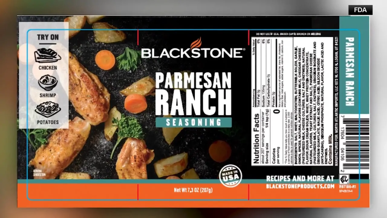 Walmart Blackstone Parmesan Ranch Seasoning label shown in an FDA recall notice over possible salmonella risk