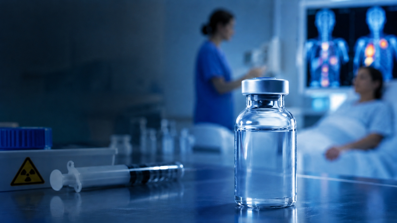 Radiopharmaceutical therapy vial prepared near a patient during cancer care