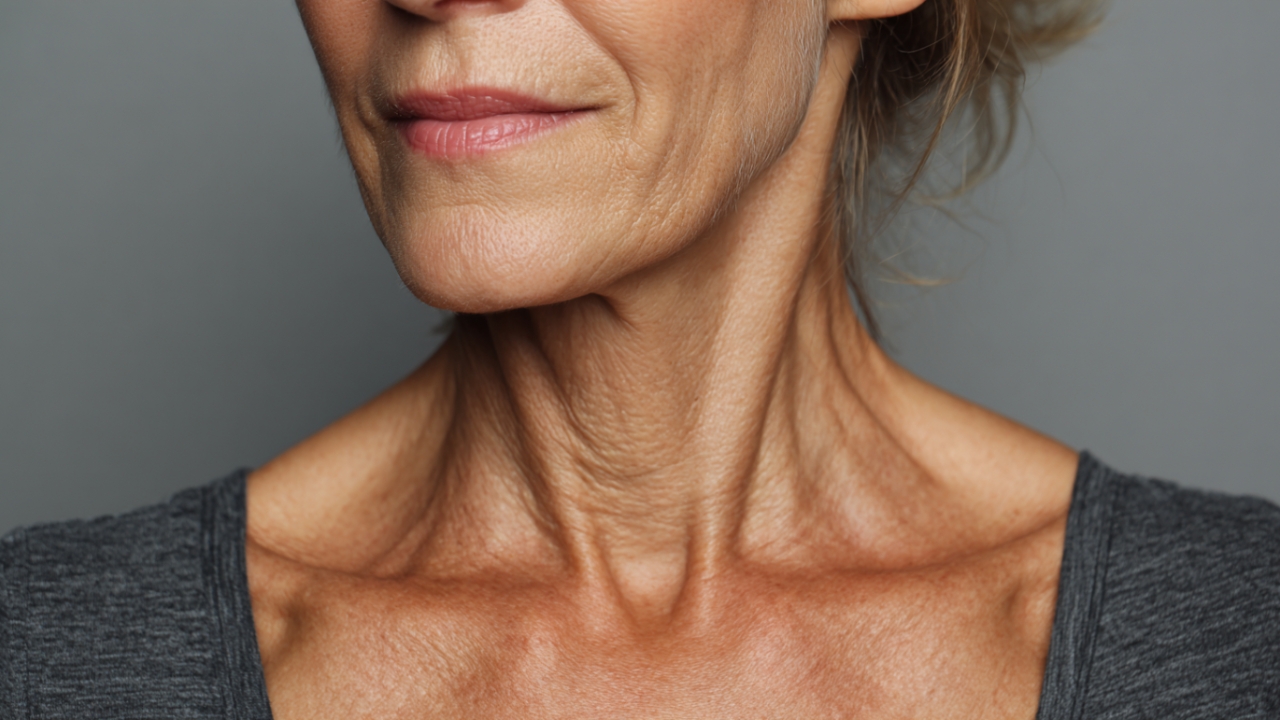 Woman with visible neck and upper chest wrinkles in a close-up portrait