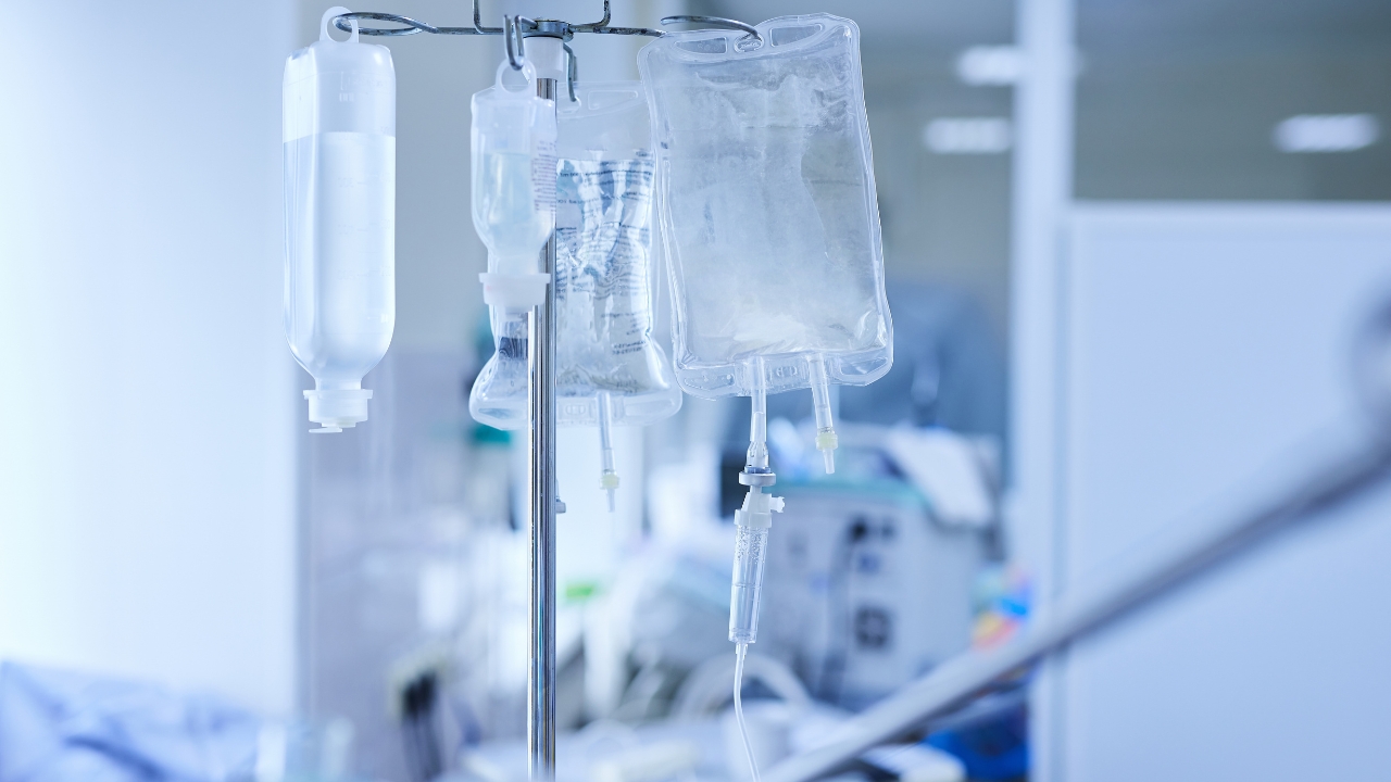 IV bags set up for a patient during cancer radiopharmaceutical therapy care