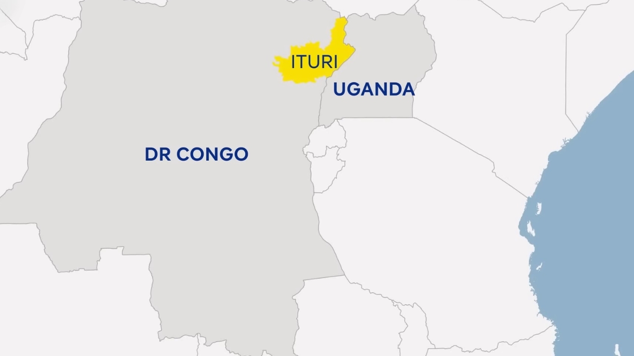 Map highlights Ituri province near the Uganda border in eastern DR Congo