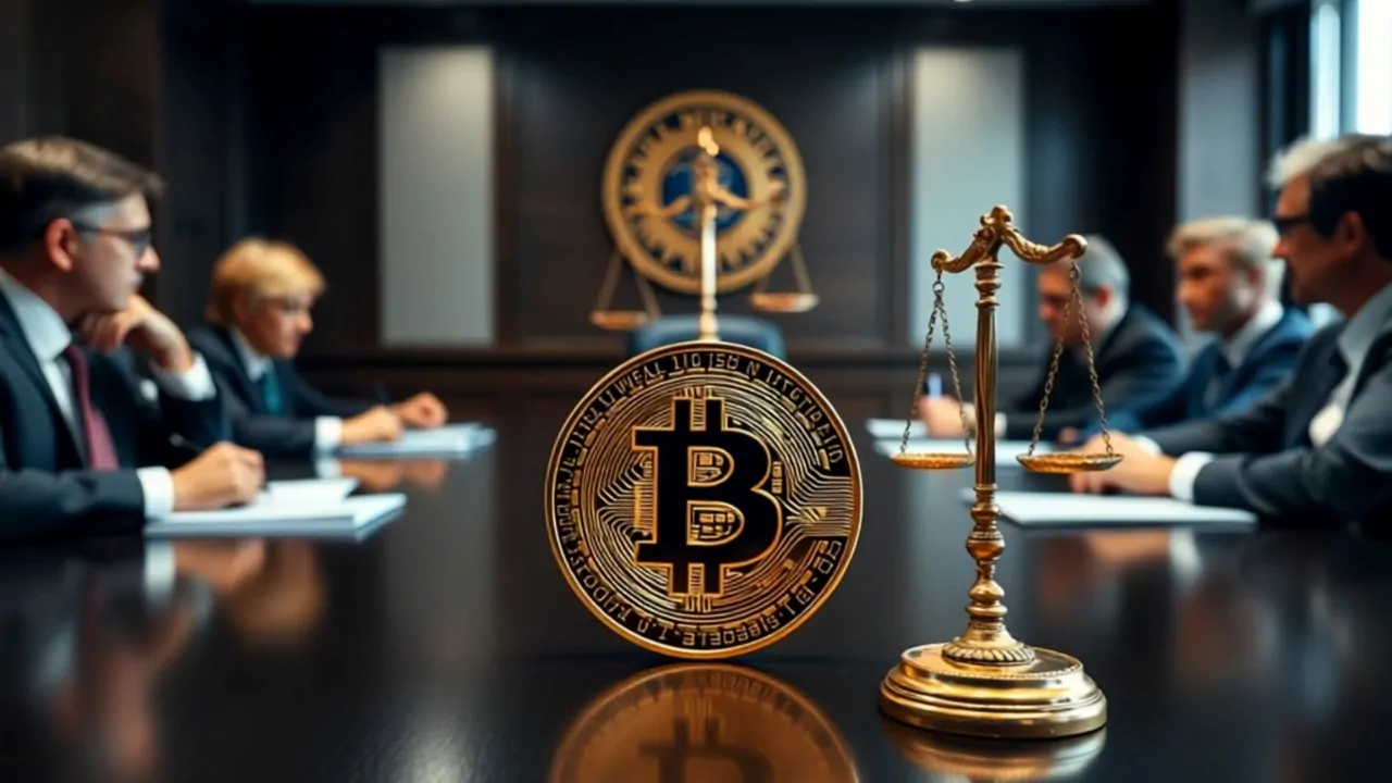 Bitcoin coin and legal scales on a table during a crypto regulation meeting