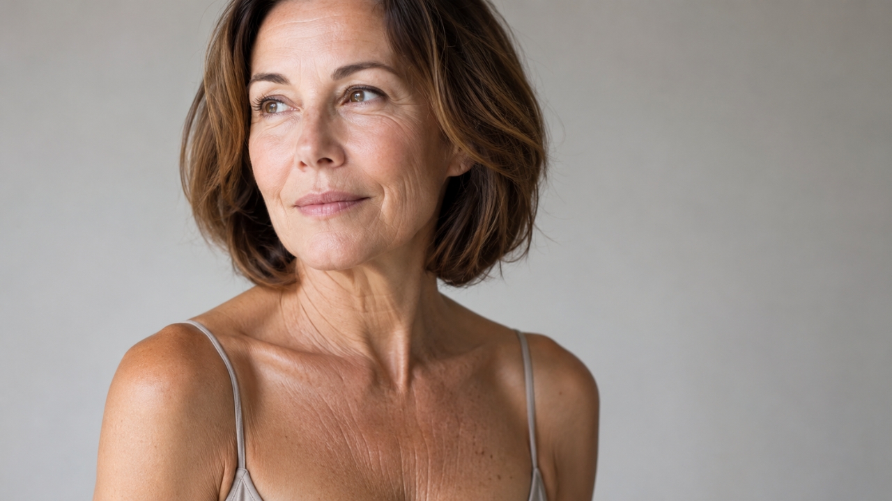Woman with visible upper chest wrinkles in soft natural light