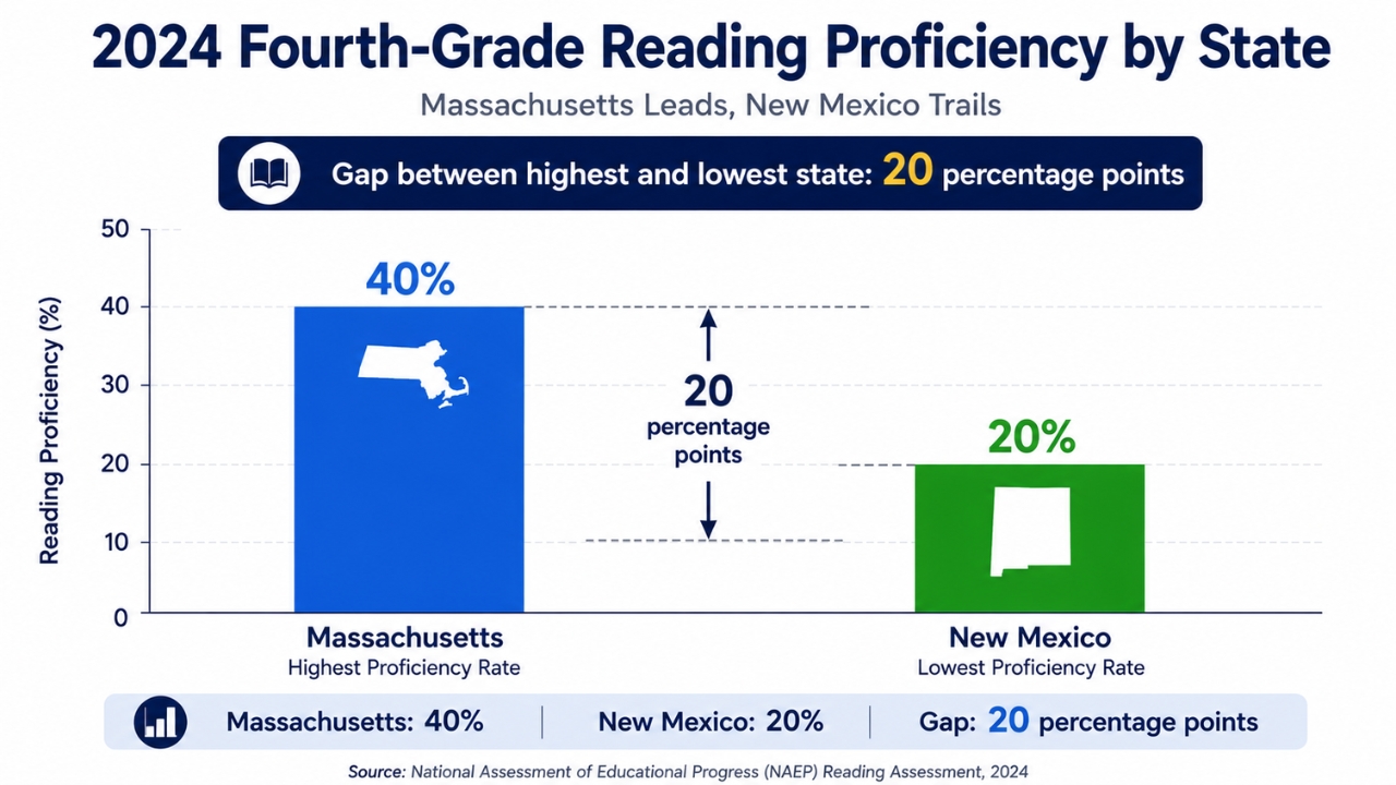 Chart comparing fourth-grade reading proficiency rates in Massachusetts and New Mexico in 2024