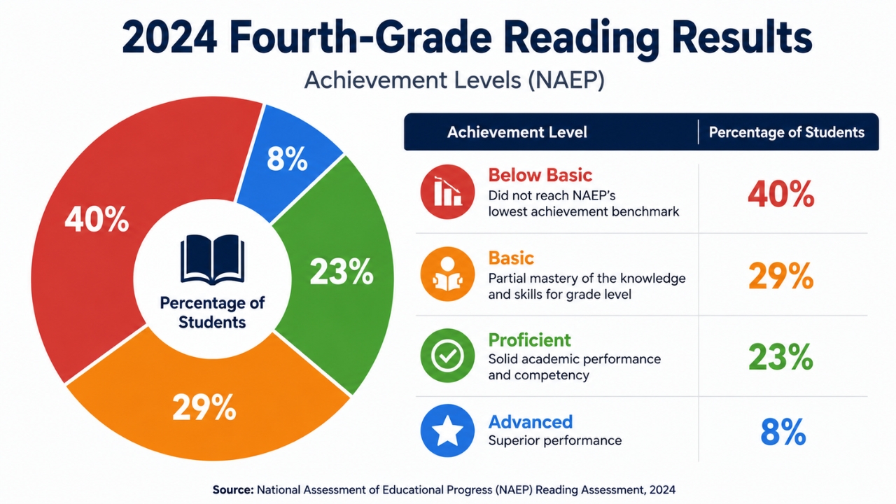 Chart showing 2024 fourth-grade reading achievement levels with 40% Below Basic and 23% Proficient