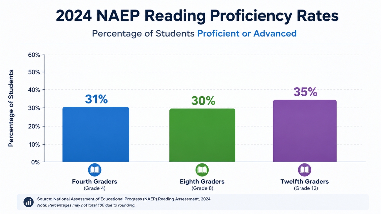 Bar chart shows 2024 NAEP reading proficiency rates for fourth, eighth, and twelfth graders