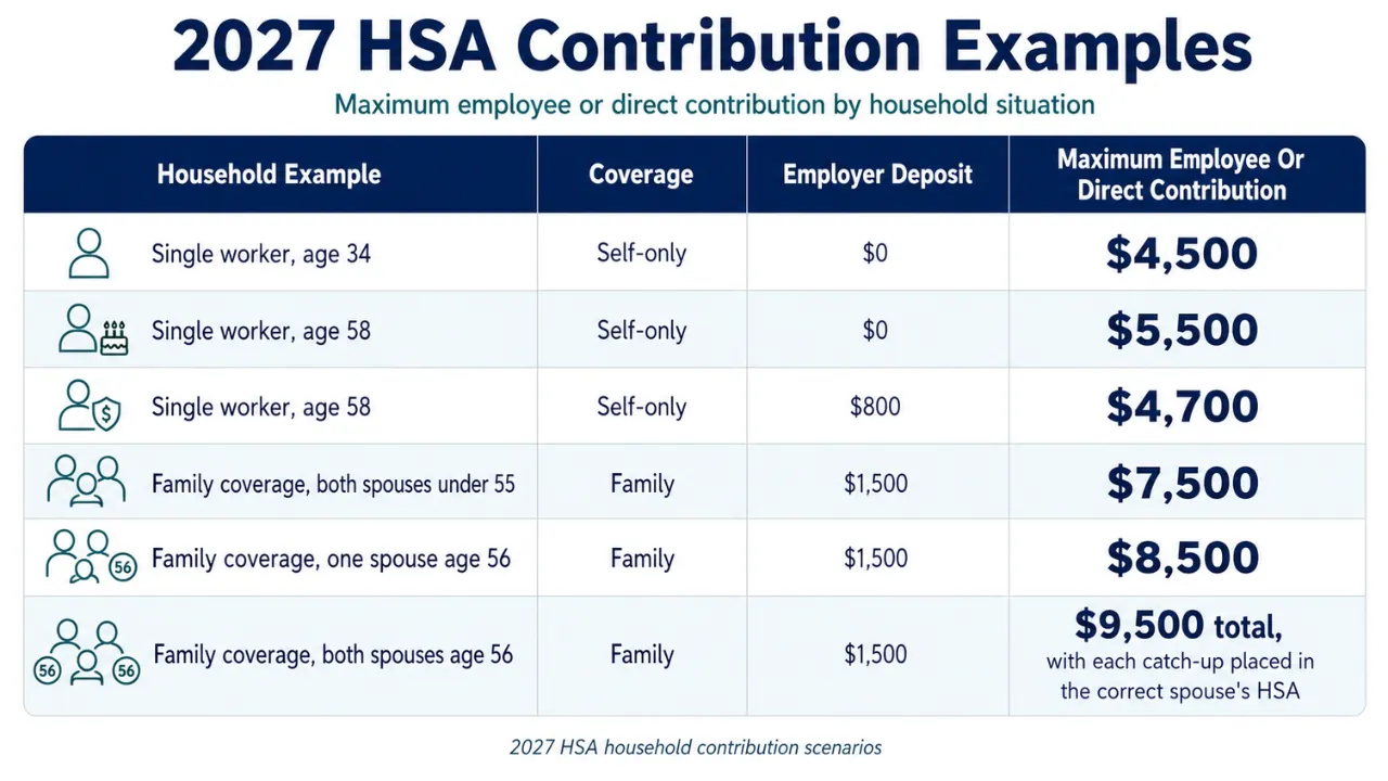 A table shows 2027 HSA contribution examples by household type and employer deposit