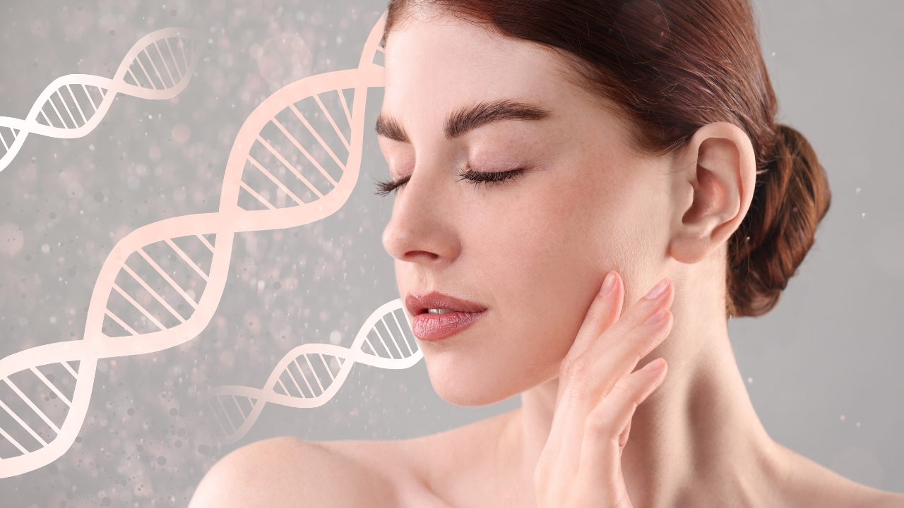 Woman touches her face beside DNA graphics in a visual about collagen treatments