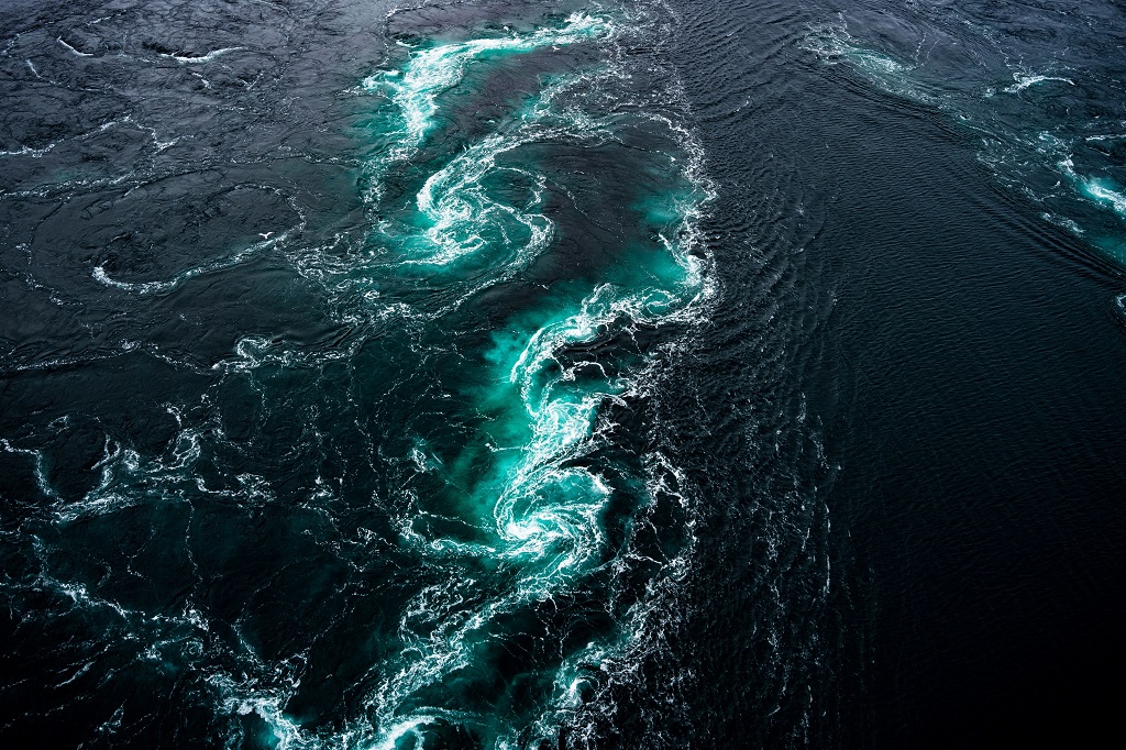 Dark ocean currents and swirling waters in the North Atlantic illustrating the circulation patterns associated with the Atlantic Meridional Overturning Circulation (AMOC)