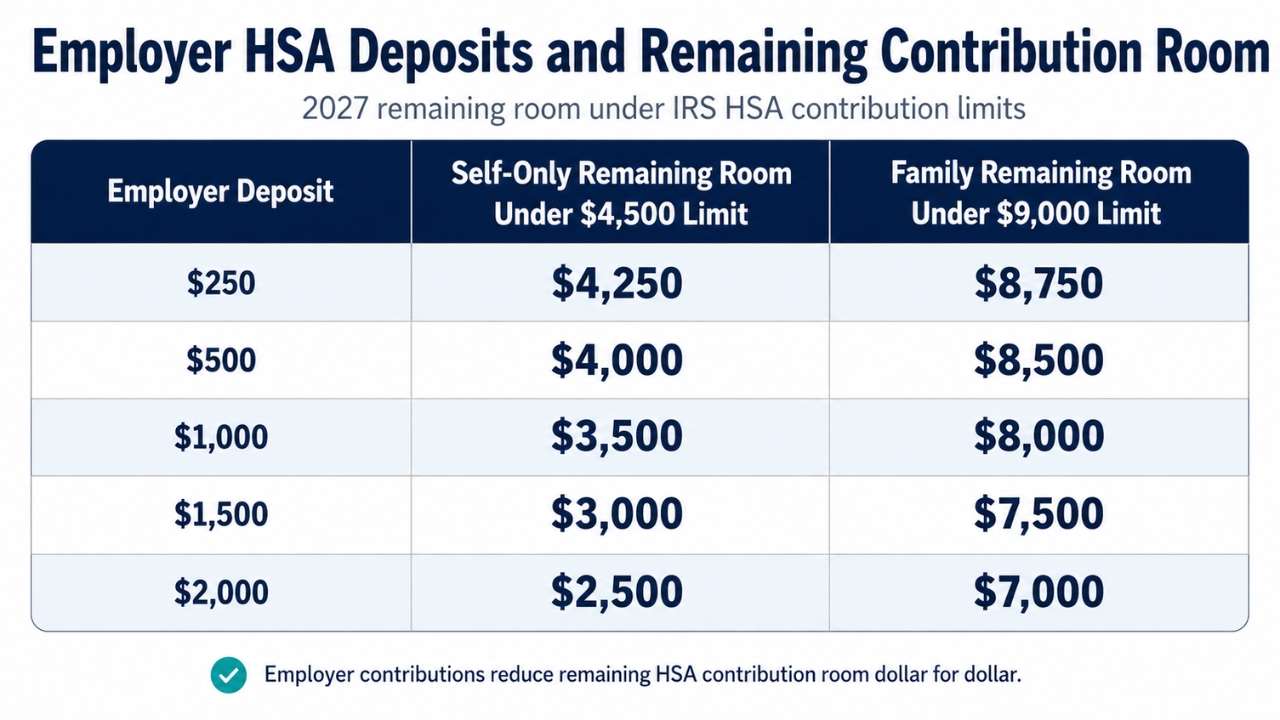 A table compares employer HSA deposits with 2027 self-only and family HSA room