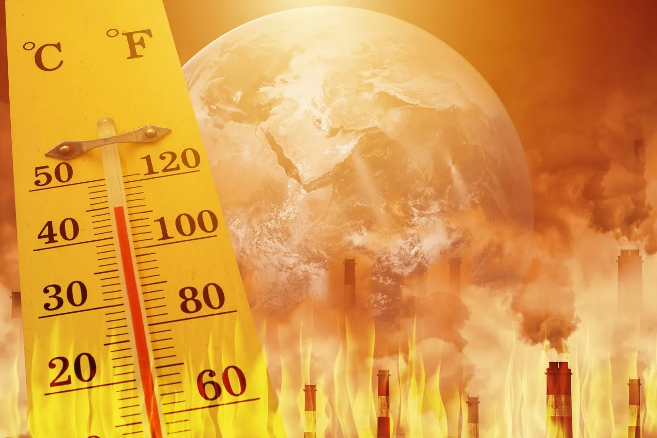 Thermometer showing high temperatures with Earth, industrial emissions, and flames illustrating global warming and extreme heat