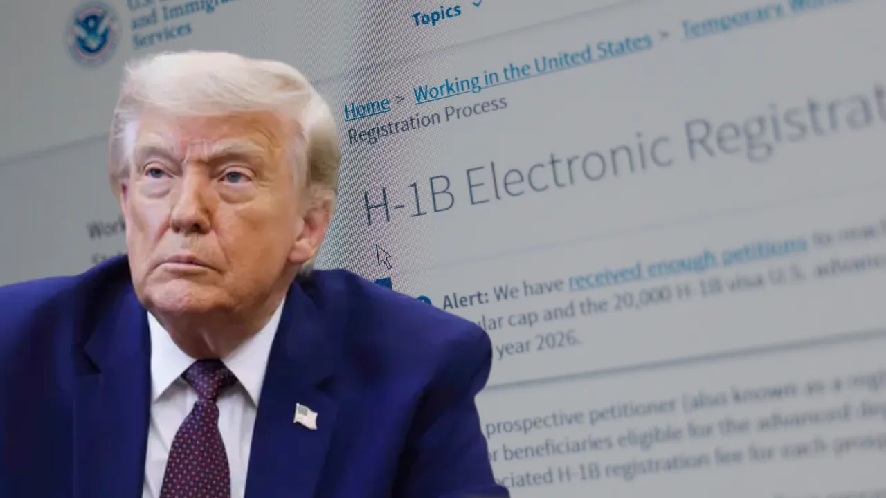 Donald Trump appears beside an H-1B visa registration page