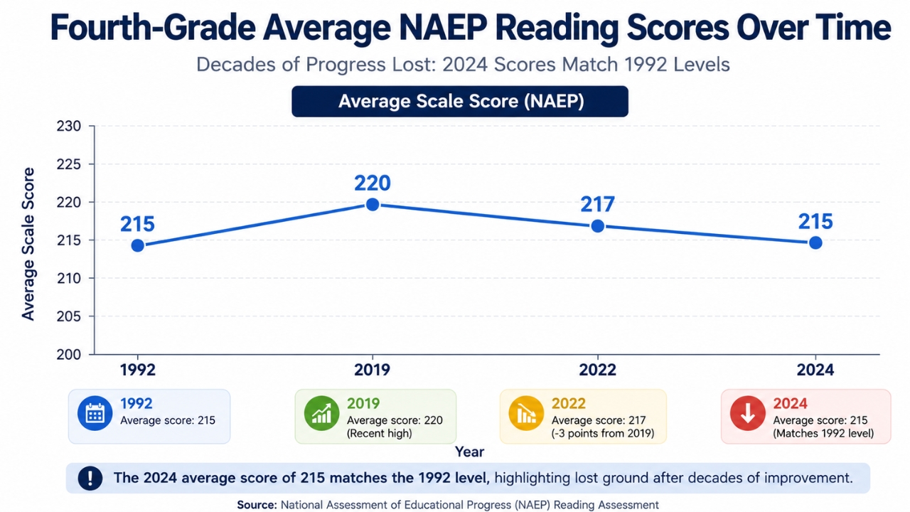 Line chart shows fourth-grade NAEP reading scores declining from 220 in 2019 to 215 in 2024