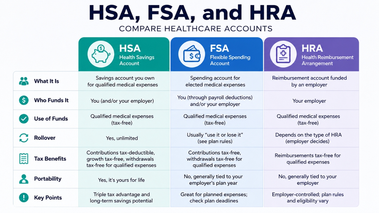 A chart compares HSA, FSA, and HRA healthcare accounts