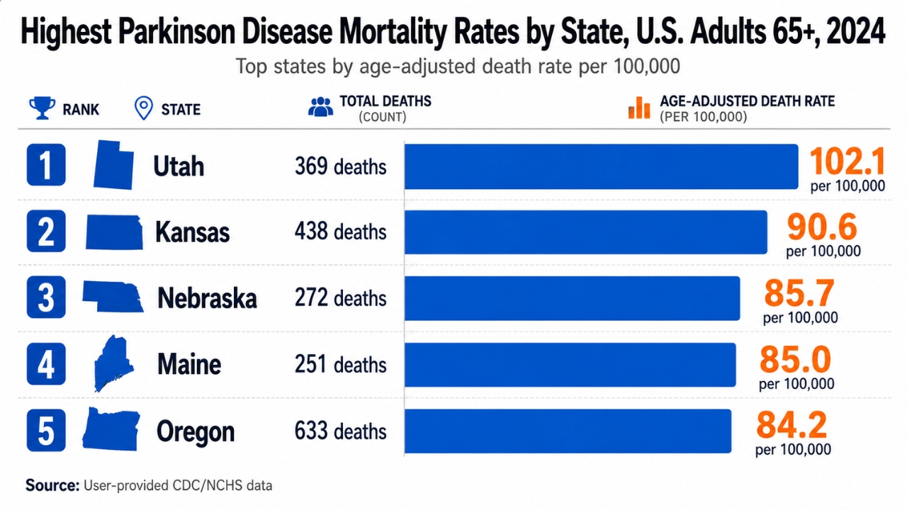Infographic ranks Utah, Kansas, Nebraska, Maine, and Oregon by Parkinson Disease death rate