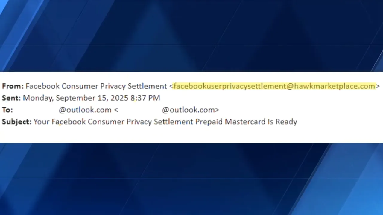 Email screenshot shows a Facebook settlement payment notice with the sender address highlighted