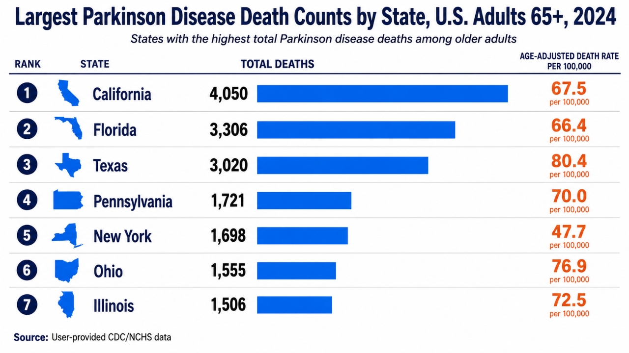 Chart shows California, Florida, and Texas had the largest Parkinson Disease death counts in 2024