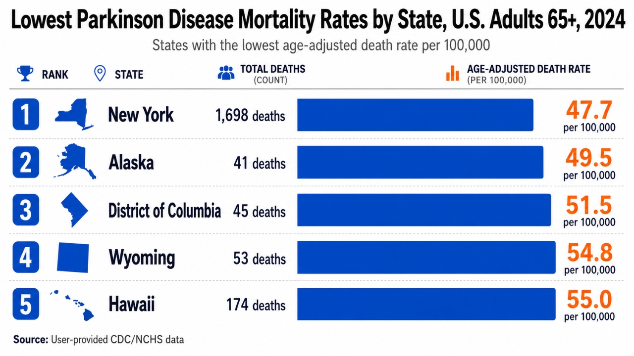 Infographic ranks New York, Alaska, District of Columbia, Wyoming, and Hawaii by lowest Parkinson disease death rate