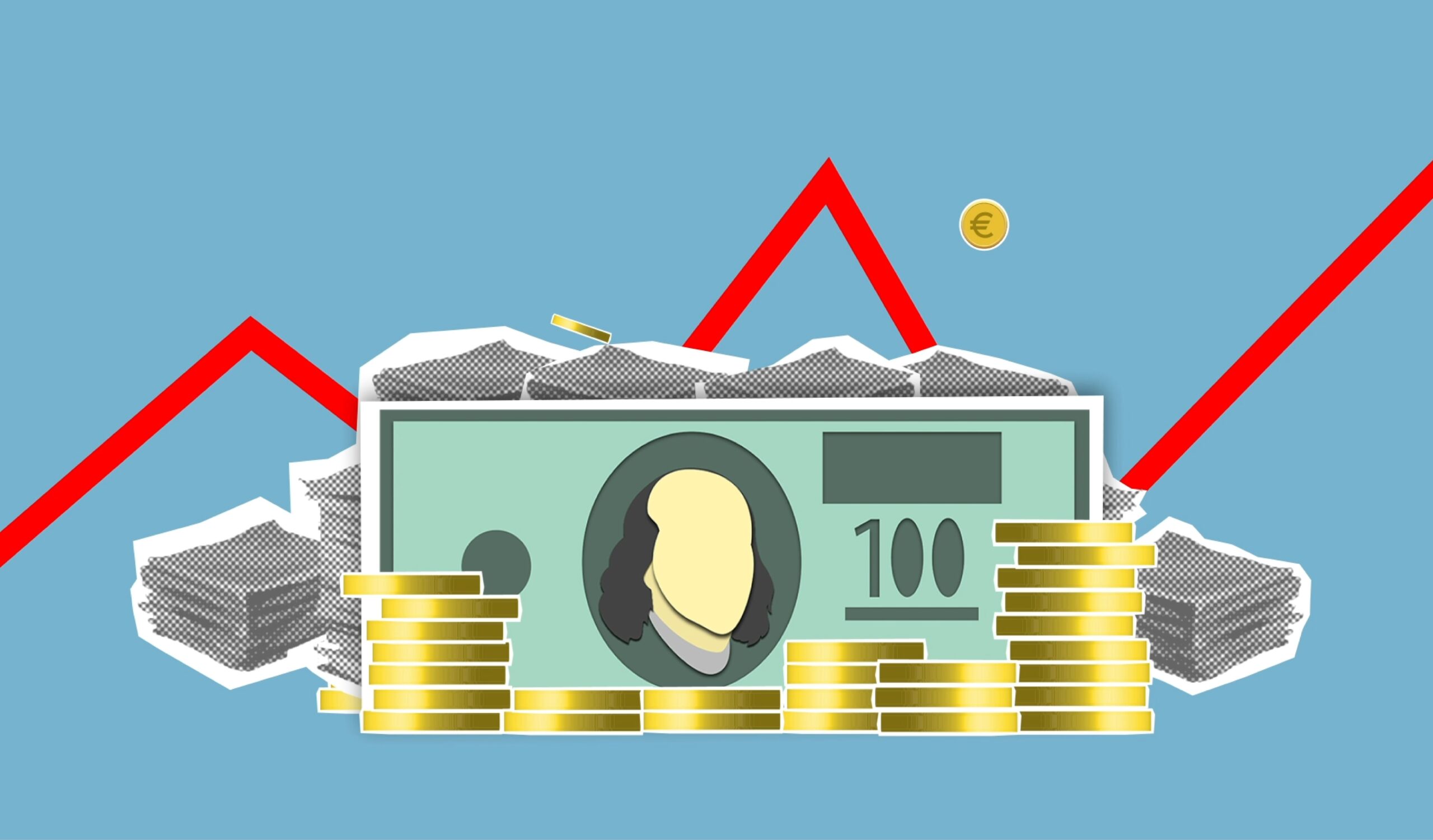 Illustration depicting financial growth with money, coins, and a rising graph. Illustration for May 2026 Jobs Report