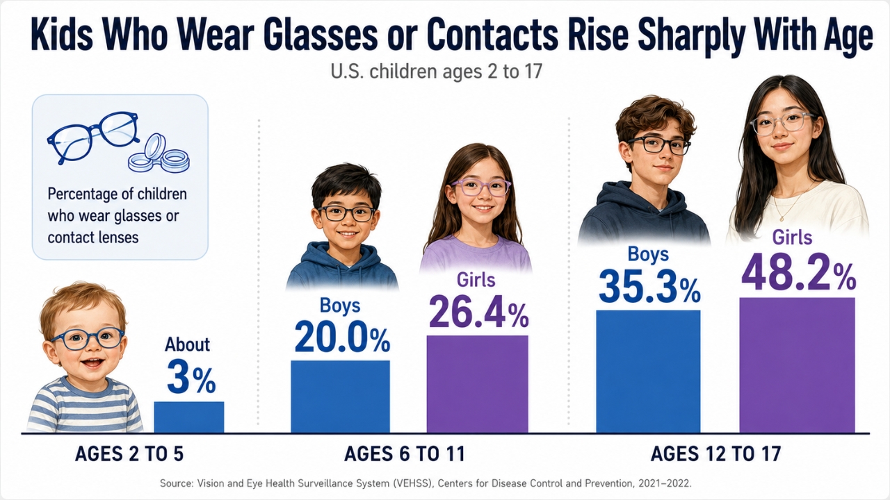 Bar chart of U.S. children who wear glasses or contacts by age and sex