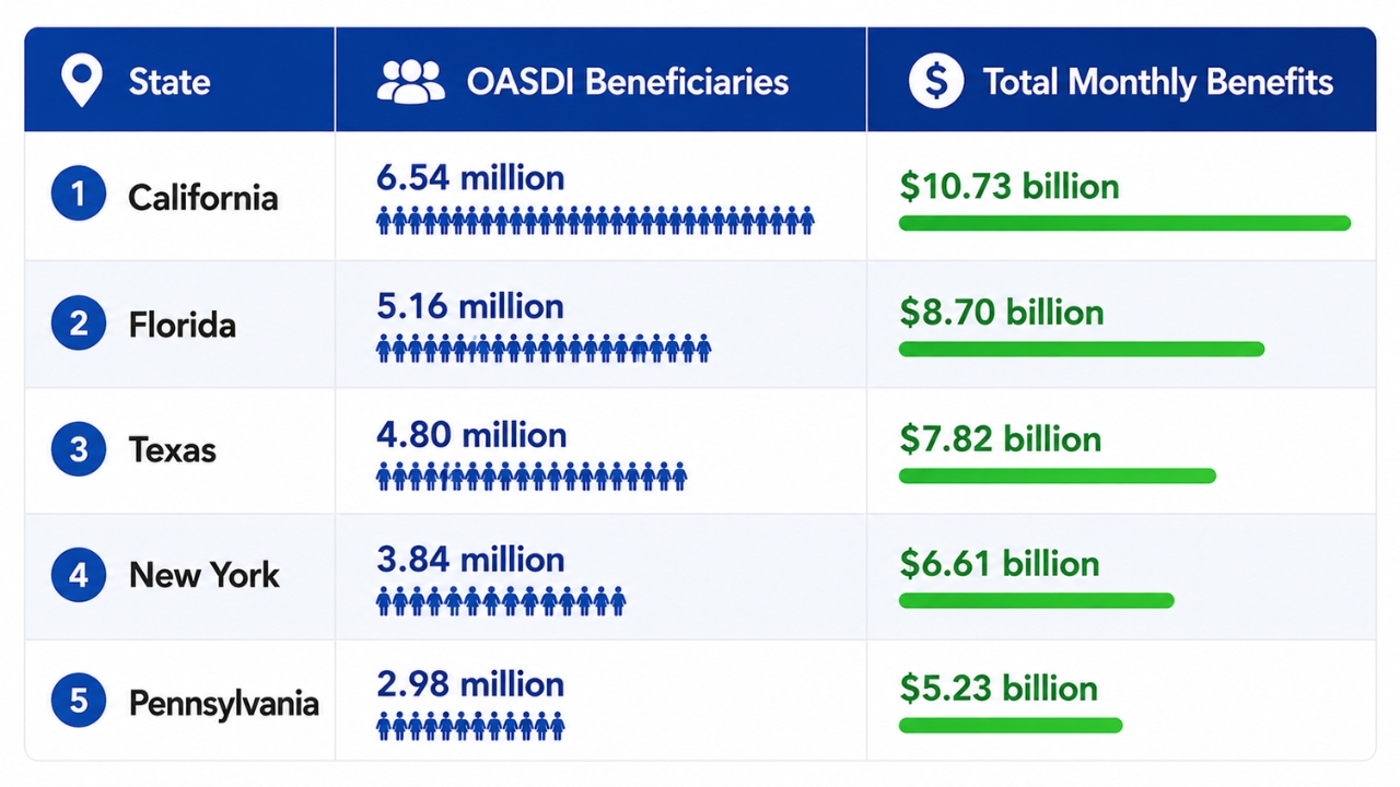 Chart showing the states with the highest Social Security beneficiary counts and monthly benefit totals